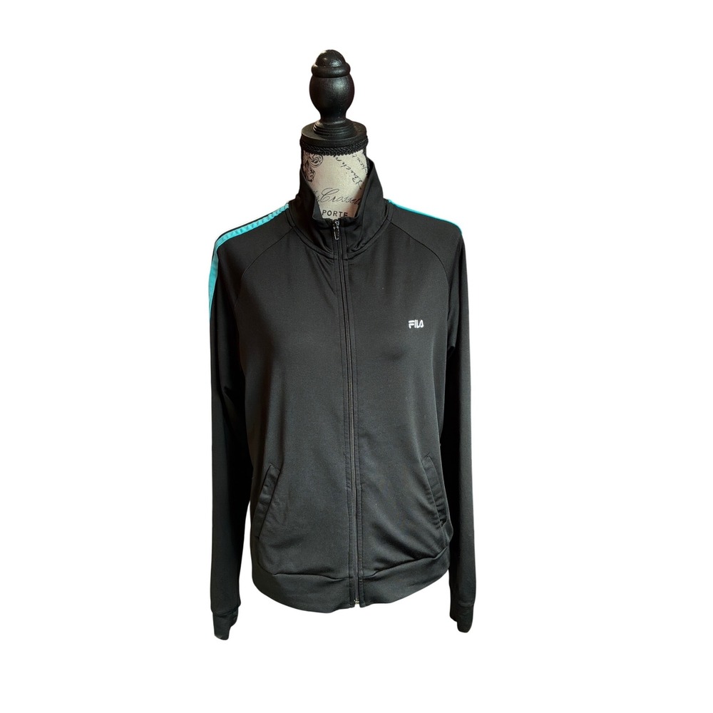 Fila Womens Black Track Jacket Teal Sleeve Stripe Full Zip‎ Mock Neck Size L USA